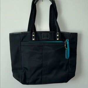 Coach Black Tote with Teal Zipper Accent